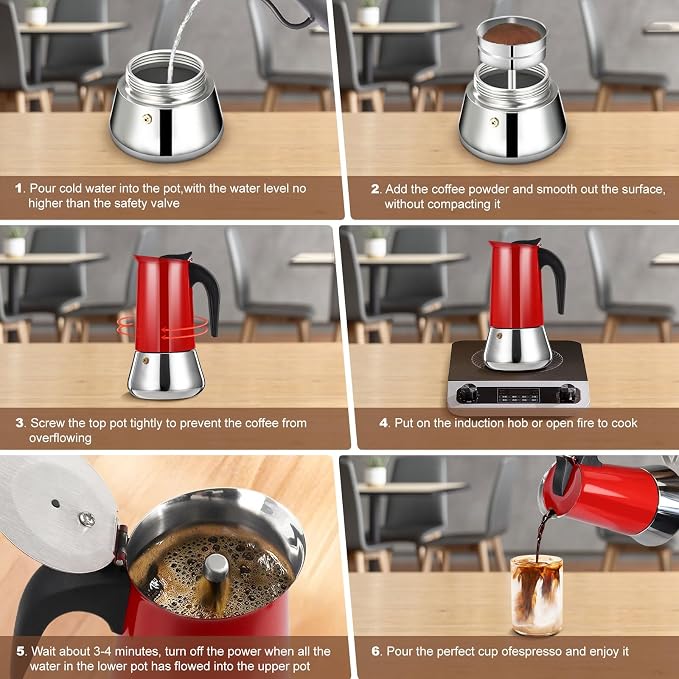 4 Cup Stovetop Espresso Maker Stainless Steel Moka Pot Stove Top Percolator Italian Coffee Makers Capable Mocha Greca Machine Cafe Classic Induction Cookers for Home and Camping 200ml 6.6oz