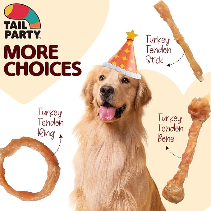 TailParty Turkey Tendons for Dogs, 5.08 oz, Large Dog Training Treats, Natural Long-Lasting Chew Snacks, High-Protein Beef Tendons, Healthy Hypoallergenic Turkey Bone(4 Units/Pack)