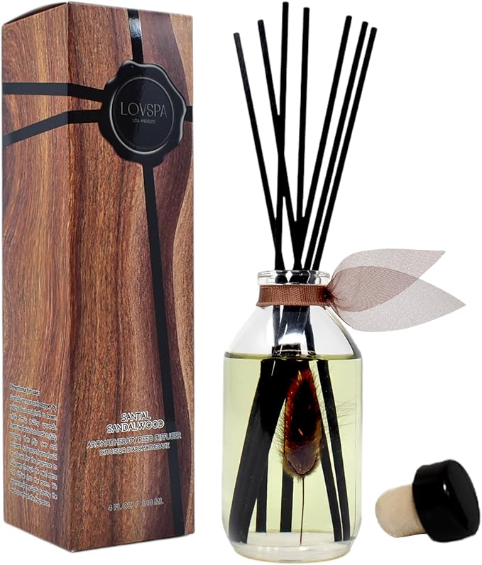 LOVSPA Reed Diffuser Set, Santal (Sandalwood) Scented Oil Diffuser with Sticks, Home Fragrance Accessories for Bathroom Shelf Decor, Aroma Diffusers for Home or Office Fall Decor, USA Made