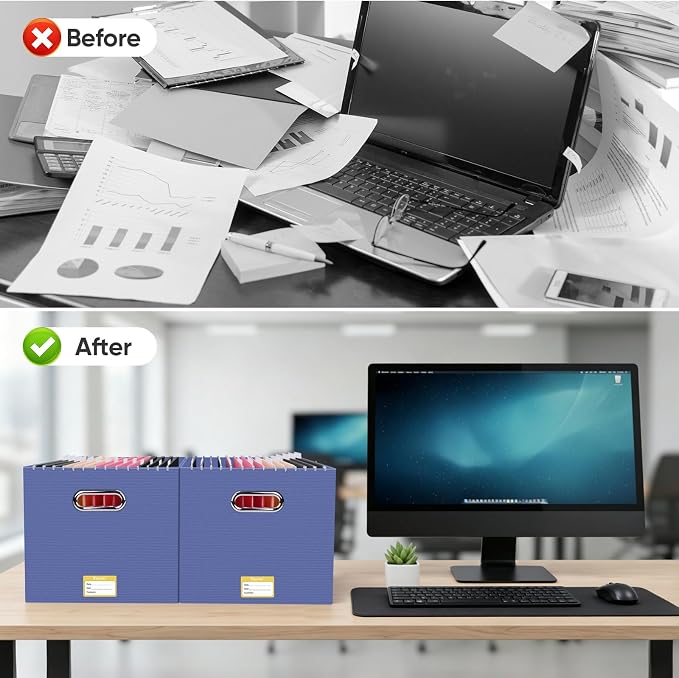 BALEINE File Organizer Box, Cardboard File Folder Organizer with Handle for Letter Size, Portable Collapsible Hanging Filing Box for Home Office Document Storage (1 Pack, Large Navy)