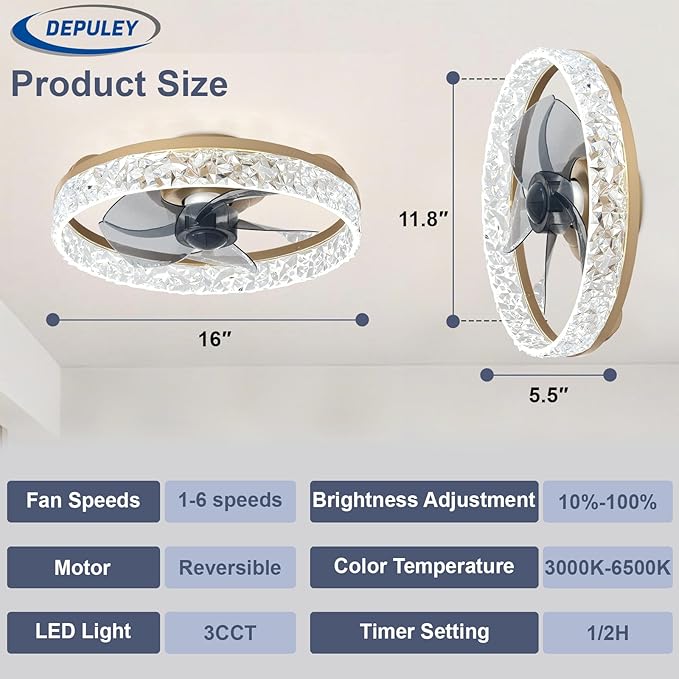 Depuley Ceiling Fans with Lights and Remote: 16" Modern Low Profile Flush Mount Ceiling Fan with App Remote Control - Gold Fandelier for Bedroom Living Room Kitchen Dimmable Quiet DC Motor