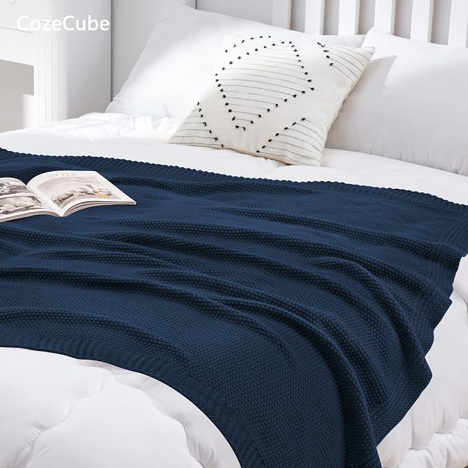 CozeCube Navy Blue Seed Stitch Throw Blanket 50"x60", Farmhouse Decor | Blanket for Couch, Soft Cozy Cable Knit Throw for Bed Sofa Living Room, Lightweight Warm Decorative Christmas Blanket