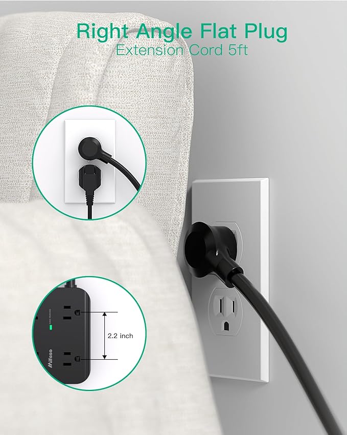 Power Strip Surge Protector - Flat Plug, Wall Mount, 8 Wide Outlets with 4 USB Ports (2 USB C), 5FT Heavy Duty Extension Cord with Multiple Outlets, Charging Station Overload Protection for Home Dorm