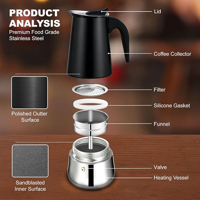 4 Cup Stovetop Espresso Maker Stainless Steel Moka Pot Stove Top Percolator Italian Coffee Makers Capable Mocha Greca Machine Cafe Classic Induction Cookers for Home and Camping 200ml 6.6oz