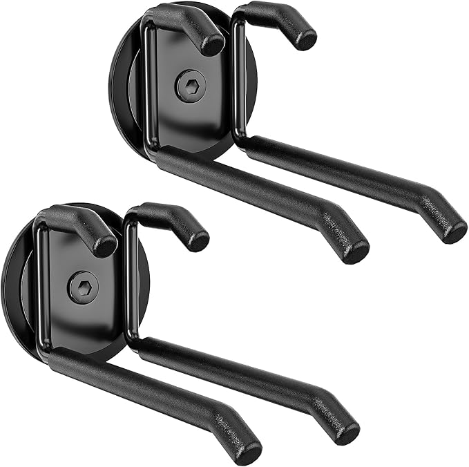 Strong Magnetic Hooks Heavy Duty - 2 Pack Rare Earth Magnets for Garage Utility Storage 20lb Hold | Hang Ladder, Power Tools, Toolbox, Shovel, Broom, Extension Cord(E-Blackpro 2)
