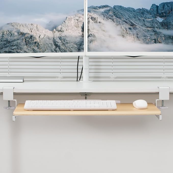VIVO Light Wood Large 27 x 11 in Under Desk Keyboard Tray, MOUNT-KB05A | Keyboard Tray for Typing, Slide Out Platform, Extra Sturdy C-Clamp Mount System, Computer Drawer, White Frame