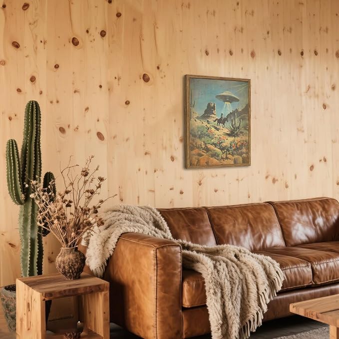 Vintage Intergalactic Western Wall Art Scifi Alien UFO Cowboy Rider Wall Decor Painting Funny Southwest Flying Saucer Poster Canvas Print Picture for Living Room Bedroom 16x24 inch Wood Framed