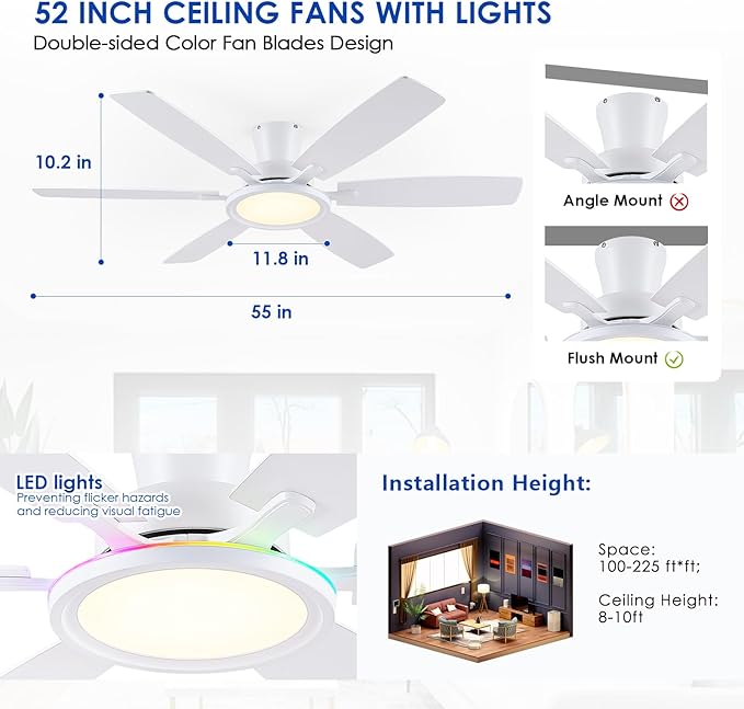 55In Flush Mount Ceiling Fan with RGB Light - White Modern Ceiling Fan with 6 Dual-Sided Blades, Reversible DC Motor, Low Profile Fan Light Fixture for Indoor Bedroom, Outdoor Patios
