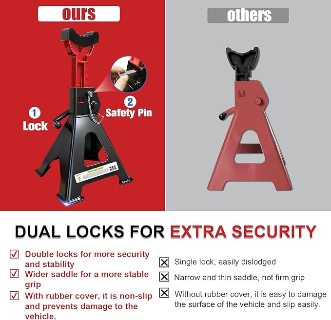 3 Ton Jack Stands (6,600 lbs) - Heavy Duty Car Jack Stand with Double Pin Locking, Adjustable 11.22"-16.54" Height, Extra Rubber Pads for Trucks, Garage, Home,DIY Use - 1 Pair Black
