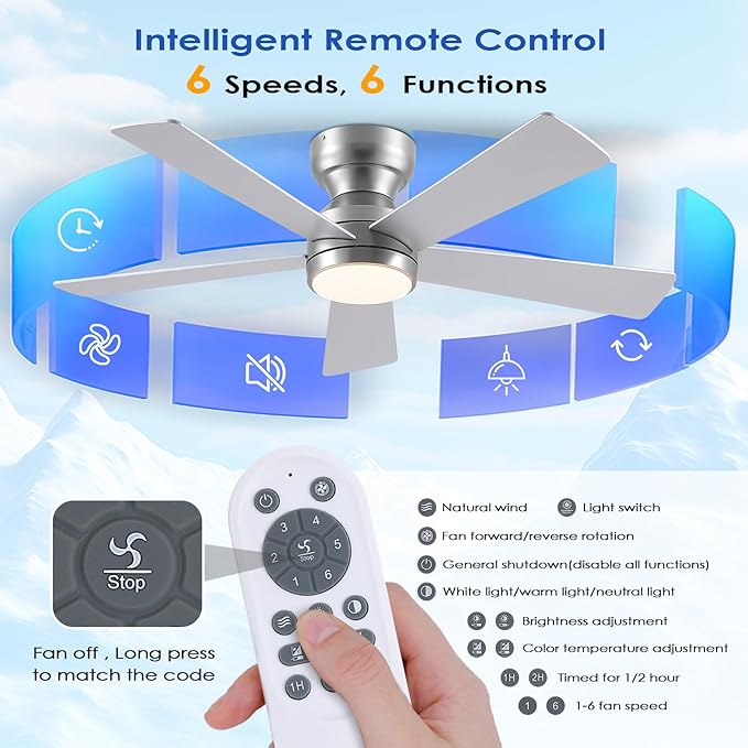 46" Ceiling Fan with Lights Low Profile, Flush Mount Ceiling Light with Remote and 5 Blades, Mute Reversible Motor, 6 Speeds and 3CCT Dimming, Modern Fan Light for Indoor Bedroom, Silver