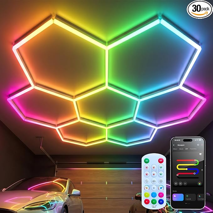 RGB Hexagon Garage Lights 7 Hex, Duplex Signal RGB Hexagon Led Lights with Music Sync Mode, Easy Setup RGB Ceiling Lights for Garage, Gym, Studio, Gaming Room, Party, Bar