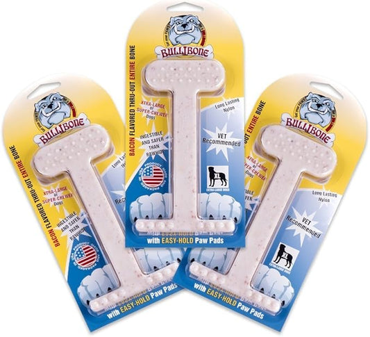 Bullibone Nylon Dog Chew Toy for Aggressive Chewers - Dental Hygiene Bone with Bacon Flavor, Durable Tough Chew Toys for Extra Large Dogs, Indestructible Dog Bone - 3 Pack