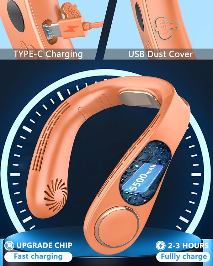 Neck Air Conditioner with Metal Cooling Plate, 5500mAh Batteries & LED Display, Silent Wearable Personal AC Unit, Bladeless Headphone Fan for Hot Flash Relief for Women Men Adults Outside, Orange