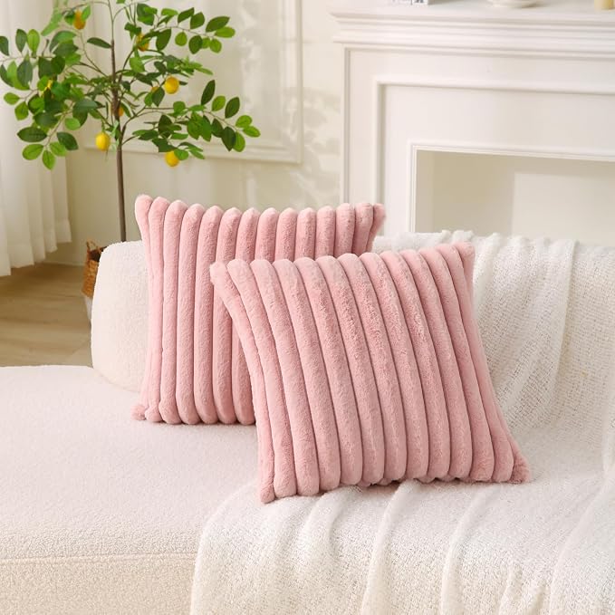 Decorative Throw Pillow with Inserts, Set of 2 Soft Faux Fur Throw Pillows, Square Boho Striped Pillow for Couch, Bed, Sofa Decor (Pink, 20" x 20"(Pack of 2))