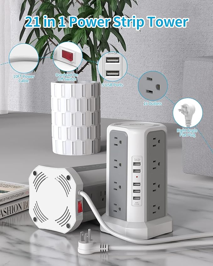 Surge Protector Power Strip Tower with USB Ports, Fararaka 10 FT Extension Cord with 16 Multiple Outlets and 5 USB Ports, Flat Plug Charging Station for Home, Office, Dorm Room