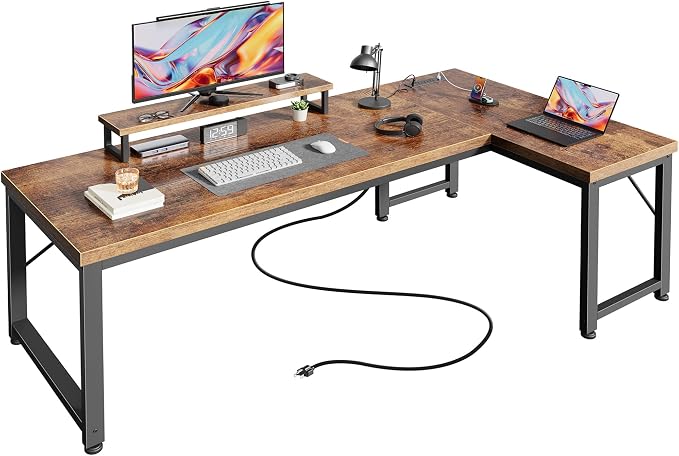 PRAISUN 53" L Shaped Computer Desk, Outlets, Monitor Stand, Rustic Brown | USB-C Ports, Reversible Charging Station, Spacious Desktop & Legroom, 0.94 Inch Thick Desktop, for Gaming, Study & Work