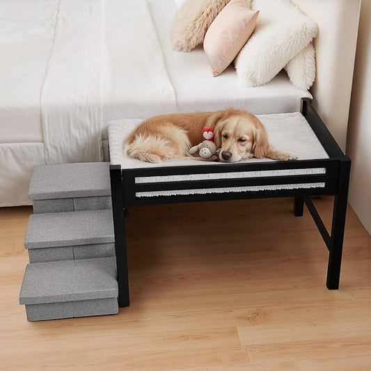 41‘’x27''Bedside Dog Bed with Stairs, Wooden Elevated Dog Bunk Bed Cosleeper with Removable Mattress, Foldable 3-Step Stairs & Guardrail, Bassinet-Style Pet Bed for Large Dogs