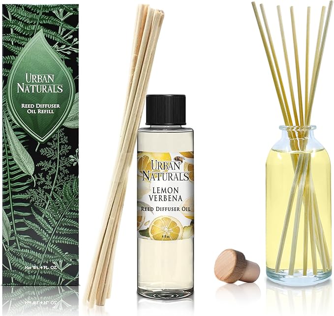 Urban Naturals Lemon Verbena Scented Oil Reed Diffuser Refill | Includes a Free Set of Reed Sticks, 4 oz (2 Pack)