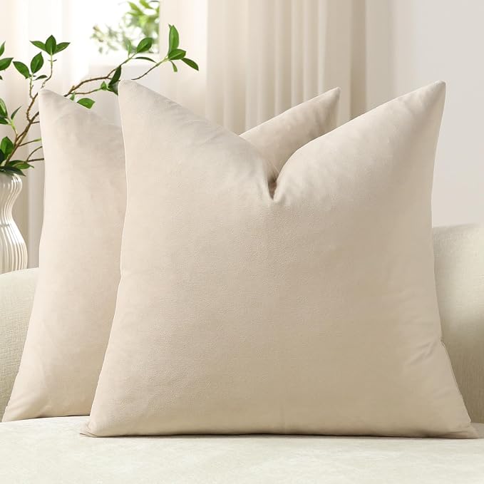 Throw Pillow Covers 16x16 Beige: Pack of 2 Cozy Soft Velvet Square Modern Luxury Decorative Throw Pillow Cases for Sofa Couch Living Room Bed Home Decor
