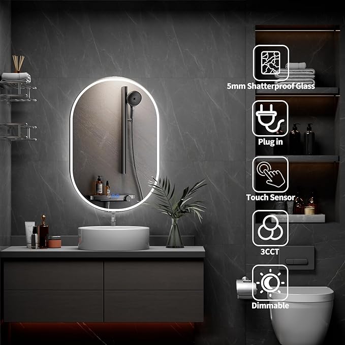 Oval LED Bathroom Mirror, 28"x 48" Frameless LED Mirror with Front Light and Backlit, Anti-Fog, Dimmable Modern Wall Mounted Lighted Mirror，Pill-Shaped Smart Mirror Bathroom