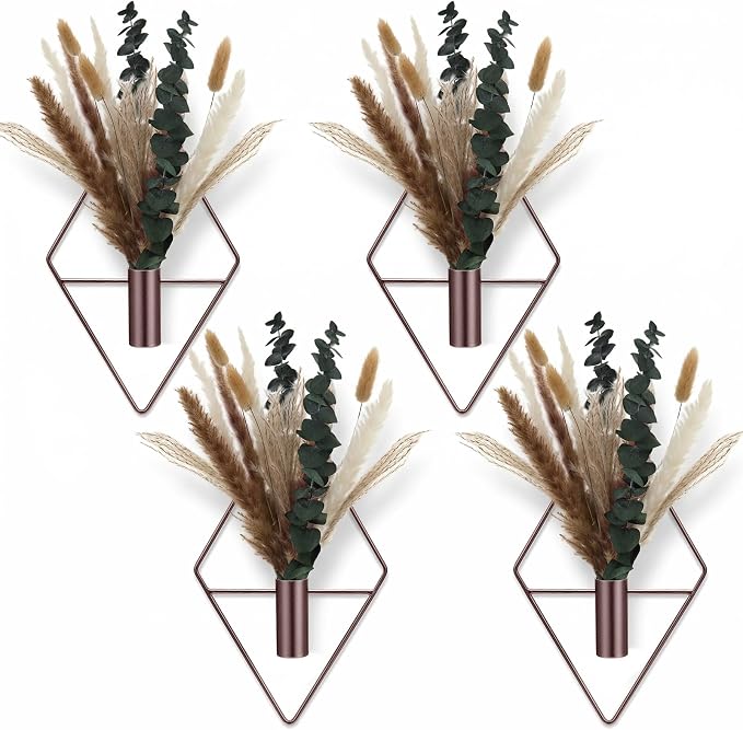 Jexine 4 Pcs Hanging Planters with Artificial Pampas Metal Hanging Vase Indoor Plants Holder Modern Geometric Boho Bathroom Wall Decor for Living Room Home Office, Bronze