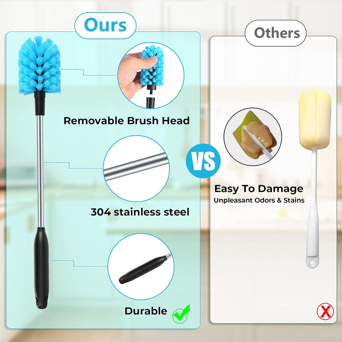 Skiennix Long Handled Water Bottle Brush - Multi-Purpose Soft Scrubbing Tool | 15-Inch, Sky Blue