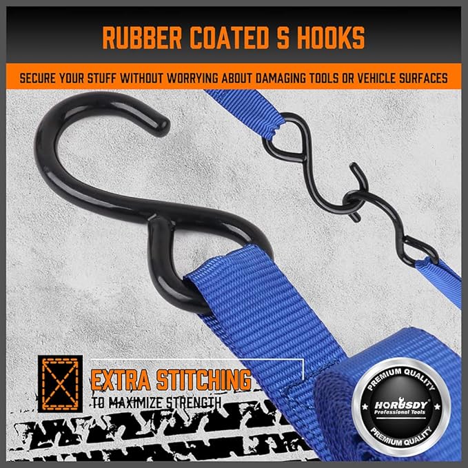 HORUSDY Ratchet Straps, 2,200 LB Break Strength, 4-Pack 15FT Ratchet Tie Down Straps Set for Motorcycle Straps Tie Downs, Appliances, Lawn Equipment, Cargo Straps for Trucks. (Blue)