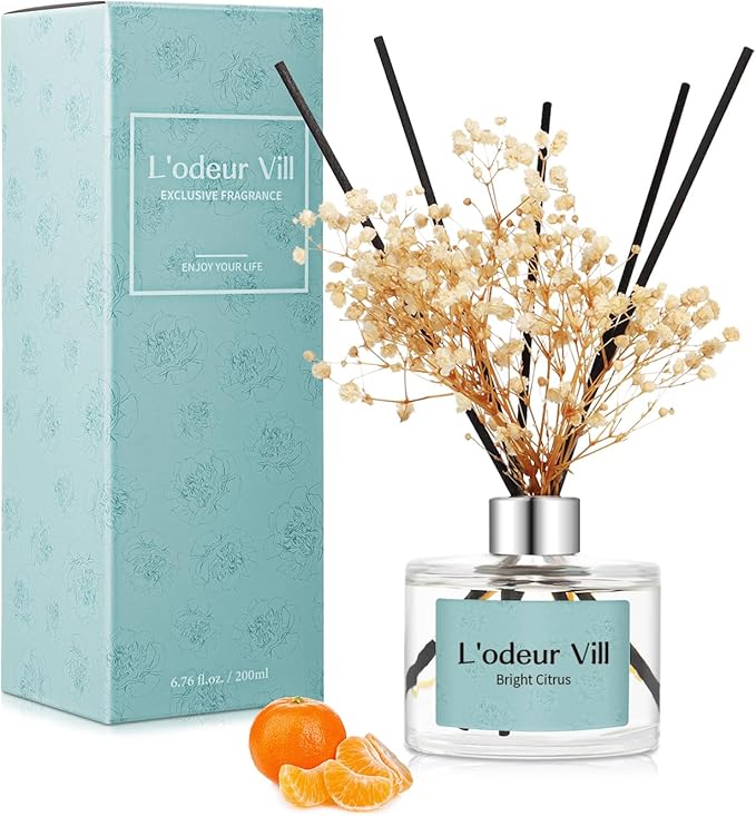 L'odeur Vill Reed Diffuser Set, 6.7 oz(200ml) Bright Citrus Scented Diffuser with 6 Oil Diffuser Sticks, Home Fragrance Essential Oil Reed Diffuser for Home Large Rooms Bathroom Shelf Decor