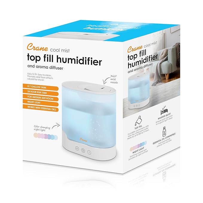Crane 0.7 Gallon Top Fill Cool Mist Humidifier and Aroma Diffuser, with Color-Changing Night Light and Aroma Diffuser Function, Humidifier For Bedroom, Office or Nursery