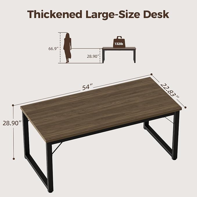 Mericonia 54 Inch Computer Desk, 1" Thick Large Office Table, Walnut | Modern Simple Style, Heavy Duty Industrial Frame, Study & Writing Table for Home Bedroom Work
