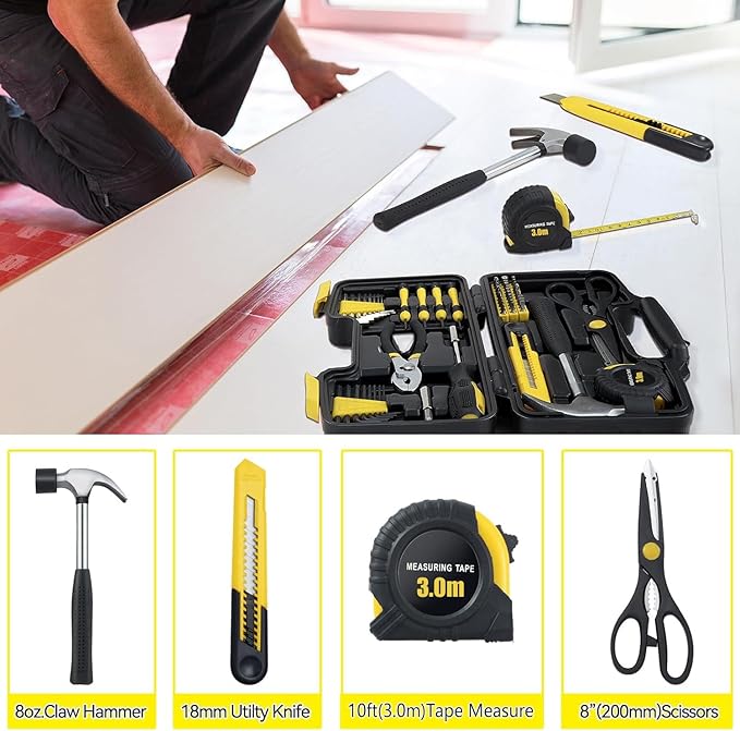 58 Piece Household Tool Set, General Household Hand Tool Kit with Plastic Toolbox Storage Case, All Purpose Household Tool Kit for Home, Garage, Office and College Dormitory Use, Yellow