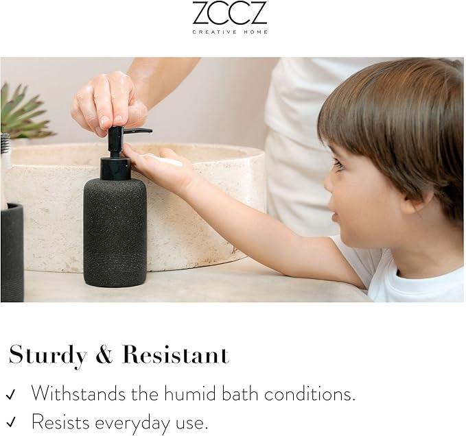 ZCCZ Black Stone Bathroom Accessories Set 6 Pieces - Toothbrush Holder, Lotion Dispenser, Qtip Container, Vanity Tray, Tumbler - Countertop Organizer for Bathrooms - Elegant and Functional Décor Set