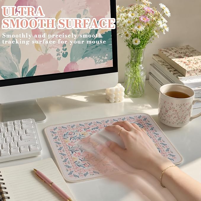 iCasso Aesthetic Small Mouse Pad, 9.5x7.9in,Home Office, Pink Floral | Pink Mini Portable Travel Mousepad, Anti-Slip and Comfortable Cloth Mouse Mat with Stitched Edges for Computer