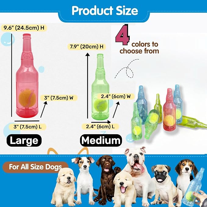 Cute Tough Dog Toy Rubber Bottle Squeaky Dogs Chew Toy Long Lasting Interactive Fetch Toy for Teething Tennis Ball Included (Blue, Large)