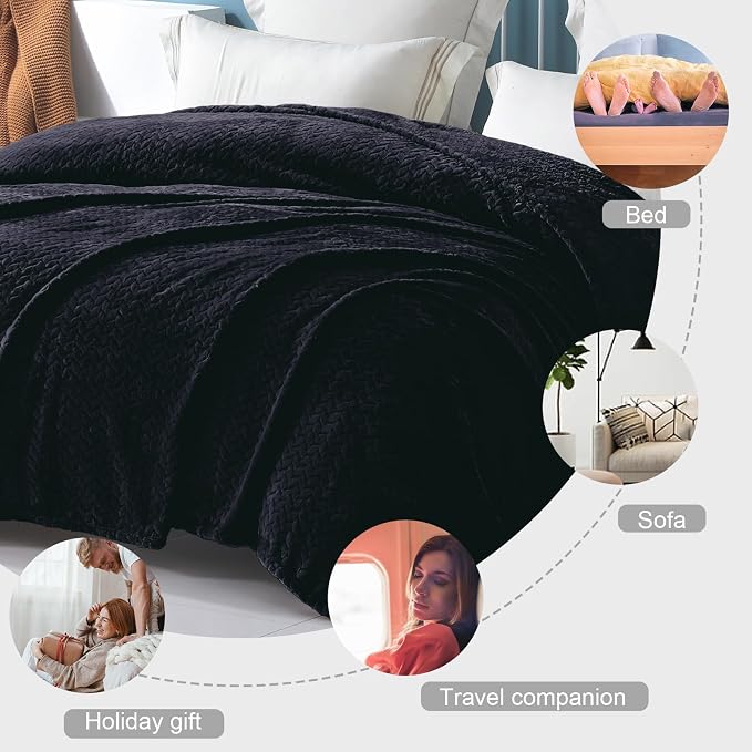 Exclusivo Mezcla Soft Fleece Bed Blanket Twin Size, 60”x80”, Black | Cozy Fluffy Lightweight Blankets for Summer, Decorative Plush Flannel Throws for Living room, Bedroom with Leaves Pattern