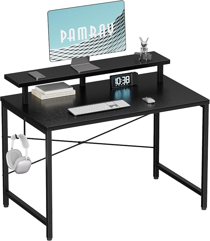 Pamray 32 Inch Small Computer Desk with Monitor Stand, Simple Office Desk with Headphone Hook for Small Spaces, Kids Study Writing Table for Bedroom, Black