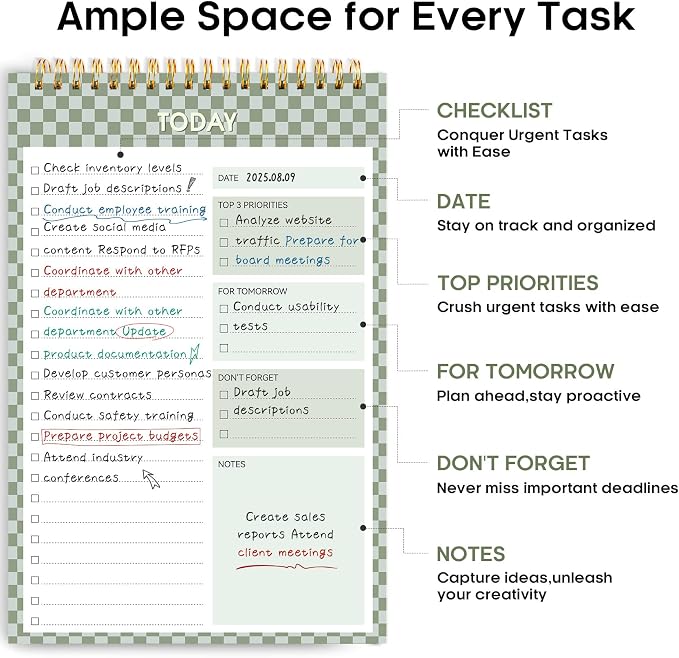 Taja To Do List Notepad, Undated Daily Planner for Work and Goal Setting | Mint Checkered, 52 Sheets, 9.8" x 6.5" , for Office, Home and school, Daily Task Planning, Notes and Everyday Organization
