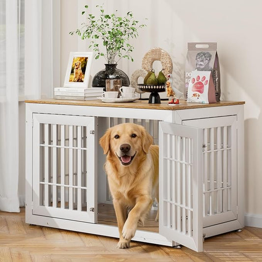 48" Heavy Duty Dog Crate Furniture for Small,Medium and Large Dogs,Rustic Wooden Dog Cage Kennel Indoor Furniture with Waterproof Top,Decorative Pet House Side End Table (White & Wood)