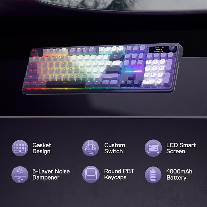 Redragon K762 PRO Wireless 104-Key Gasket Gaming Keyboard, Screen & Knob | Easy-Control LED Info Display, 0-Delay Tri-Mode, Cushioned 5-Layer Noise Dampening for Creamy Thocky Sound, Full-Size 104-Key
