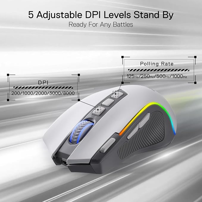 Redragon M612 Wireless RGB Optical Gaming Mouse 8000 DPI Remapping Keys | Cable-Free 0 Delay, Redefine Keybinding Macro, Vibing Backlight, Ergonomic Grip Body Comfort