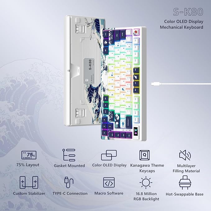 Womier SK80 75% Keyboard with Color Multimedia Display Gaming Keyboard | Creamy Sound Mechanical Wired Hot Swappable Gasket RGB Custom Key board, Pre-lubed Stabilizer for Mac/Win, White Kanagawa