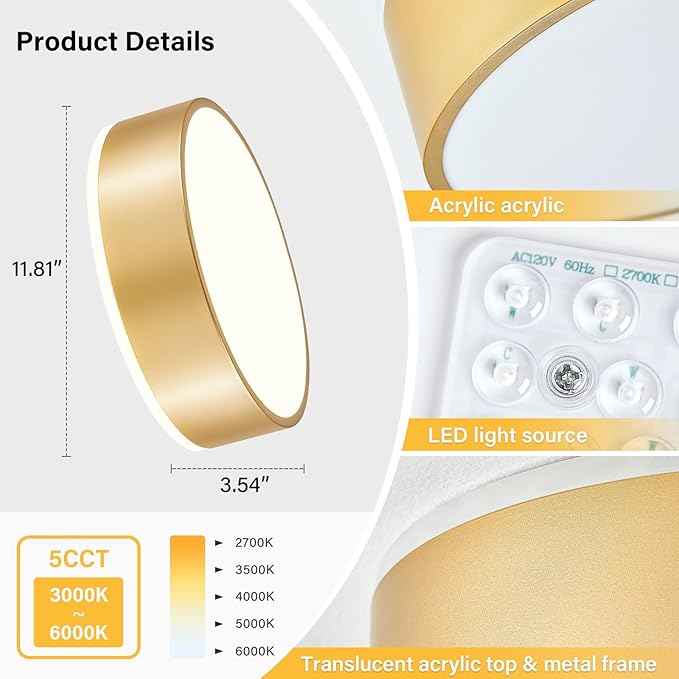 Dimmable Gold LED Ceiling Light, 2700K-6000K 5CCT in One Modern Flush Mount Ceiling Light Fixtures, Minimalist Round Metal Ceiling Lamp for Bedroom Kitchen Hallway Laundry Room-11.8in