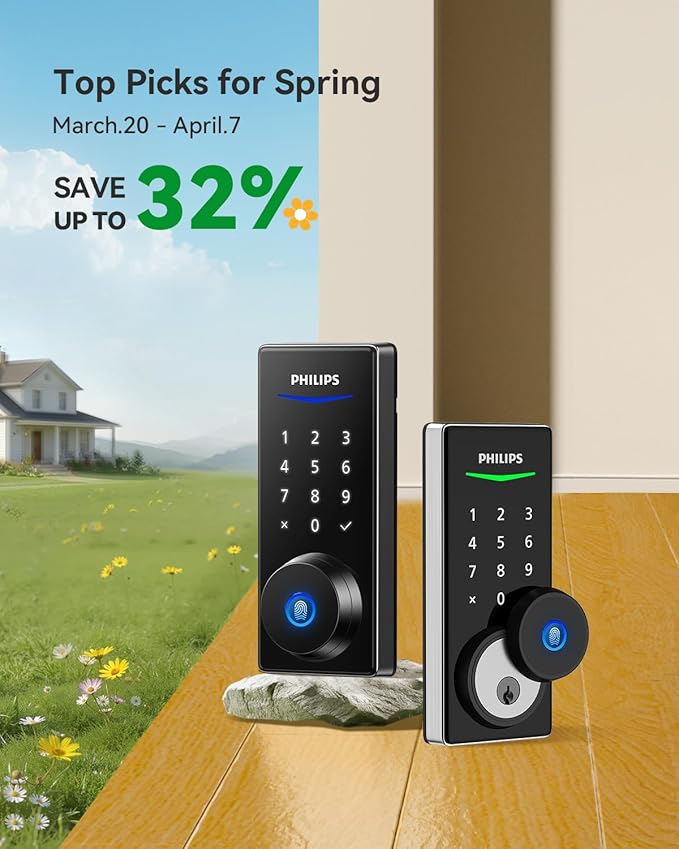 Philips Fingerprint Keyless Entry Door Lock, Electronic Door Lock with Touchscreen, Long-Lasting Battery, Auto Locking, One-Time Code, Keypad Deadbolt, One-Touch Locking, Matte Black