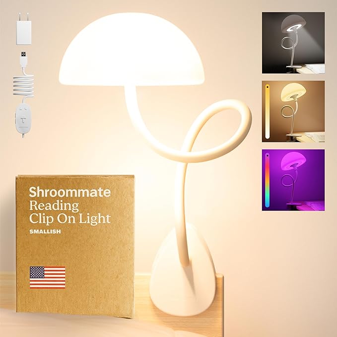 Shroommate Clip On Light and Bed Headboard Lamp, Bedside Table Lamp for Dorm, College Dorm Room Essentials, Night Light for Kids Nursery, Clip on for Desk, MultiColor LEDs, Adapter Included (White)