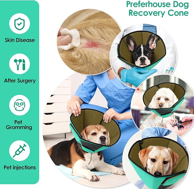 Large Dog Soft Cone Recovery Collar, Comfortable Dog Head Cone Collar for Large Dogs, Pet Surgery Cone Soft Neck Protector, Green L