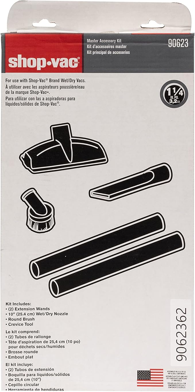 Shop-Vac 9062362 Master Vacuum Accessory Kit, Includes Extension Wands and Nozzles, Fits 1.25 Inch Diameter Hoses