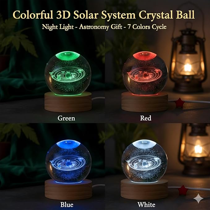 Happyhaves Calming Stellar Spheres Crystal Ball Night Light with Wooden Base, 3D Moon and Galaxy Lamp, Planet Sphere Calming Light for Bedroom Decor and Space Gifts (Solar System)