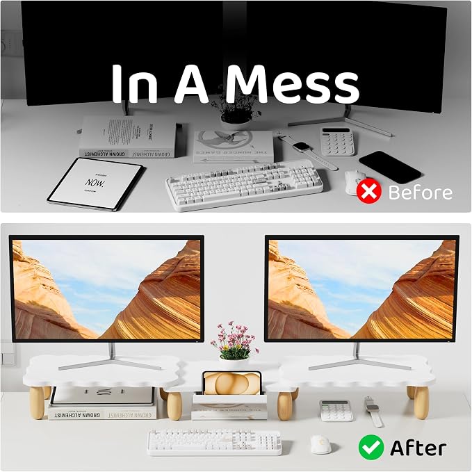 AFOOYO Dual Monitor Riser, Cookie-Shaped Adjustable Length & Swivel Angle, Wooden Desktop Organizer for 2 Monitors,Monitor Stand with Drawer for Laptop, PC, Computer, Printer,White