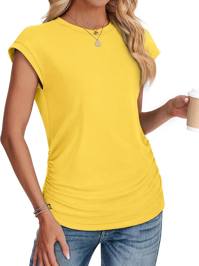 Sampeel Womens Summer Tops Trendy 2026 Ruched Cap Short Sleeve Tshirts Shirts Crew Neck T Shirts Fashion