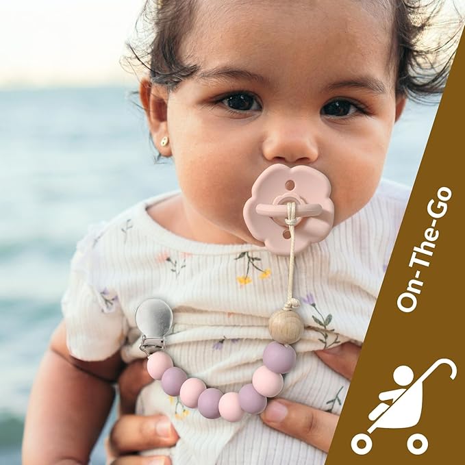2 Pack Pacifier Clips, Silicone Pacifier Clip for Baby Boys and Girls, Baby Pacifier Strap with Silicone Beads, Soother Dummy Holder, Pacifier Holder, Keeps Pacifier Clean (Wilderness/Ether)
